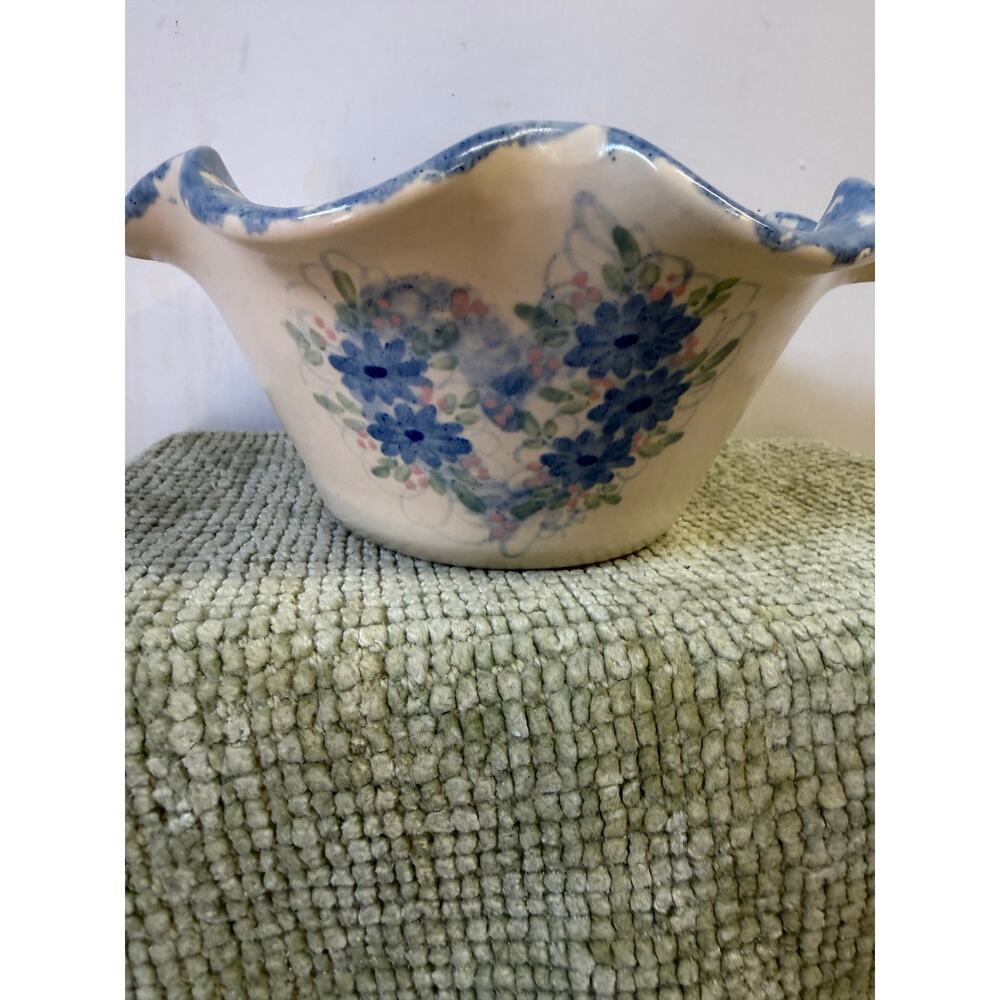 Vintage Spongeware Pottery Bowl Blue Floral Heart Scalloped Rim